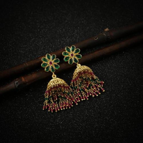 GOLD PLATED JHUMKA WITH RED AND GREEN BEADS