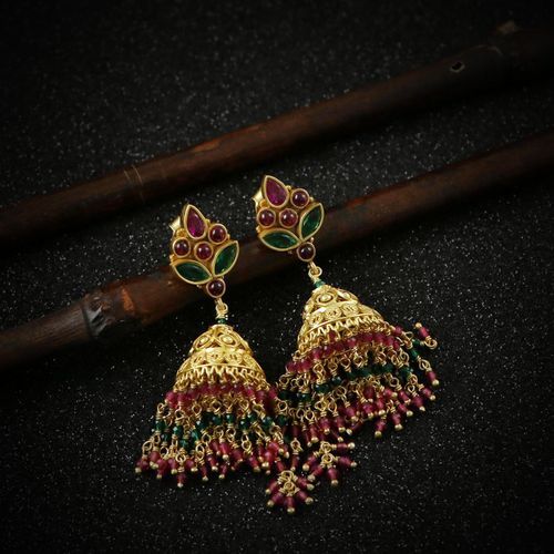 GOLD PLATED JHUMKA WITH RED AND GREEN BEADS