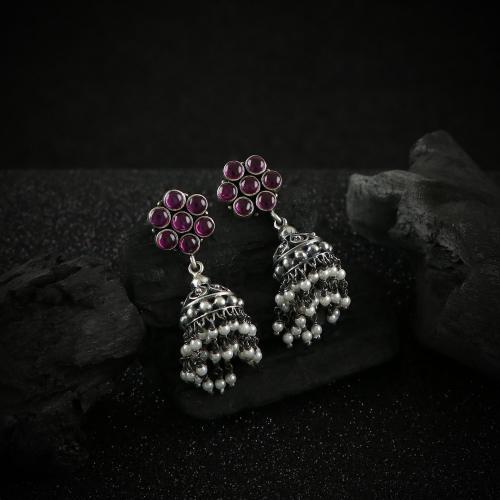 OXIDIZED SILVER JHUMKA WITH RED HYDRO AND PERAL BEADS