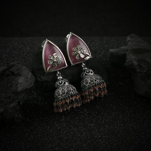 OXIDIZED SILVER JHUMKA WITH MONALISA STONES