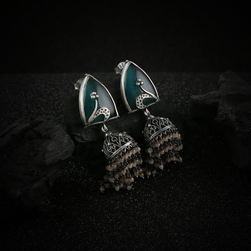 OXIDIZED SILVER JHUMKA WITH MONALISA STONES