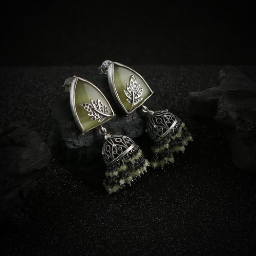 OXIDIZED SILVER JHUMKA WITH MONALISA STONES