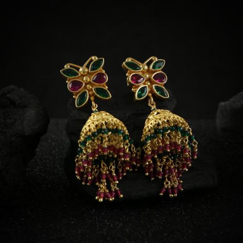 GOLD PLATED JHUMKA WITH RED AND GREEN HYDRO BEADS