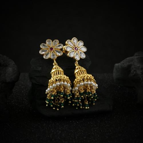 GOLD PLATED JHUMKA WITH CZ PEARL AND GREEN HYDRO BEADS