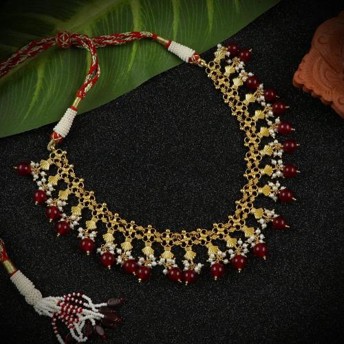 GOLD PLATED PEARL AND RED HYDRO NECKLACE
