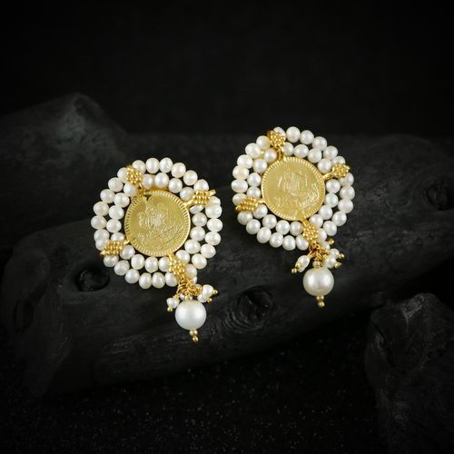 GOLD PLATED PEARL LAKSHMI COIN EARRINGS