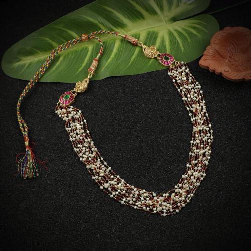 GOLD PLATED KUNDAN NECKLACE WITH PEARL AND RED HYDRO BEADS