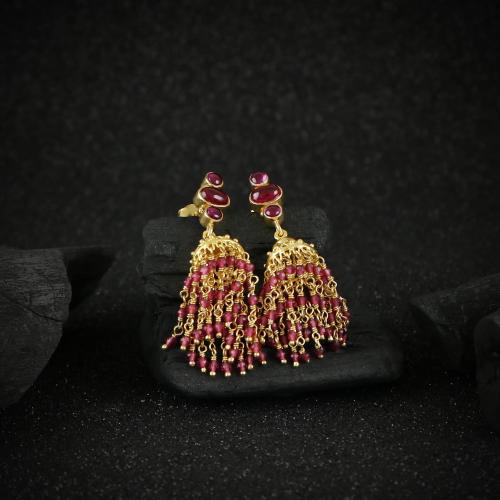 GOLD PLATED JHUMKA WITH PINK AND RED HYDRO BEADS
