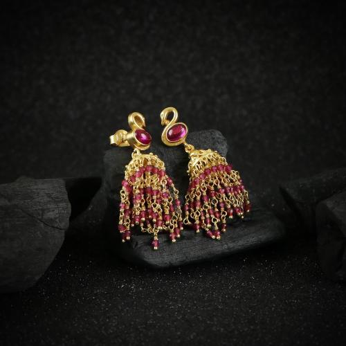 GOLD PLATED JHUMKA WITH PINK AND RED HYDRO BEADS