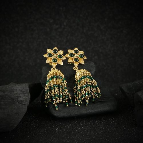 GOLD PLATED JHUMKA WITH GREEN HYDRO BEADS