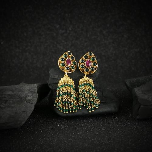 GOLD PLATED JHUMKA WITH GREEN AND RED HYDRO BEADS