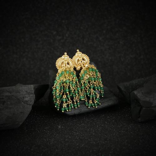 GOLD PLATED JHUMKA WITH GREN HYDRO BEADS