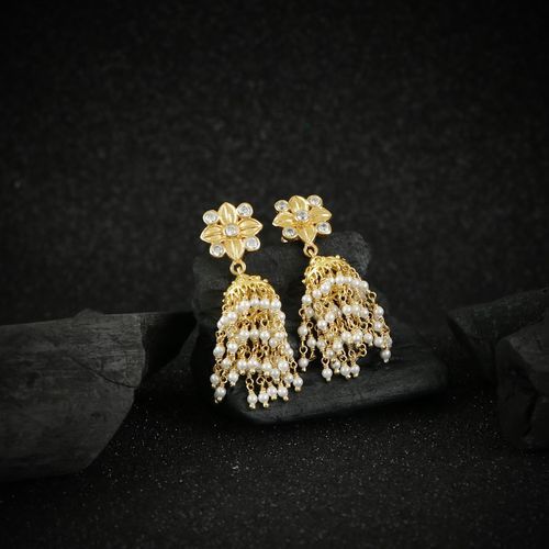GOLD PLATED JHUMKA WITH CZ AND PEARL BEADS