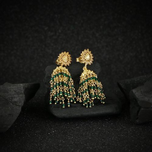 GOLD PLATED JHUMKA WITH GEEN HYDRO BEADS