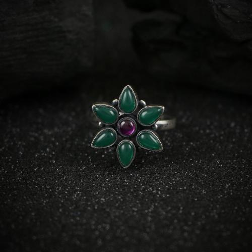 OXIDIZED SILVER RING WITH RED AND GREEN HYDRO STONES