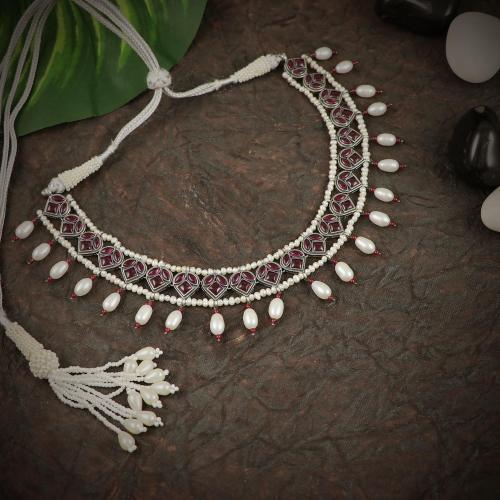OXIDIZED SILVER RED CORUNDUM STONE NECKLACE WITH PEARLS
