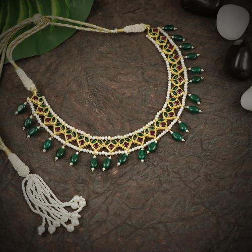 GOLD PLATED RED GREEN CORUNDUM STONE NECKALCE WITH PEARLS