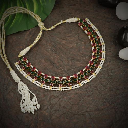 GOLD PLATED RED GREEN CORUNDUM STONE NECKLACE  WITH PEARLS