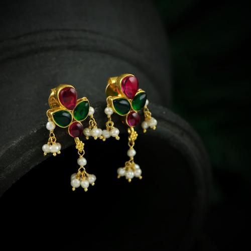 GOLD PLATED RED GREEN CORUNDUM STONE EARRINGS  WITH PEARLS