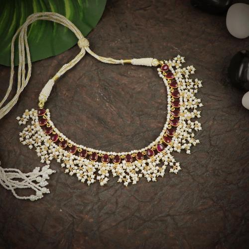 GOLD PLATED RED CORUNDUM STONE NECKLACE  WITH PEARLS