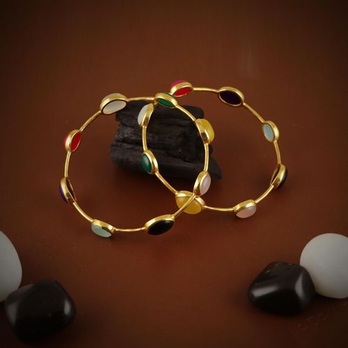 GOLD PLATED SILVER MULTI COLOR STONE ONYX BANGLE