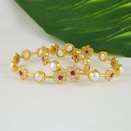 GOLD PLATED SILVER PEARL BANGLES WITH RED AND WHITE CZ STONES