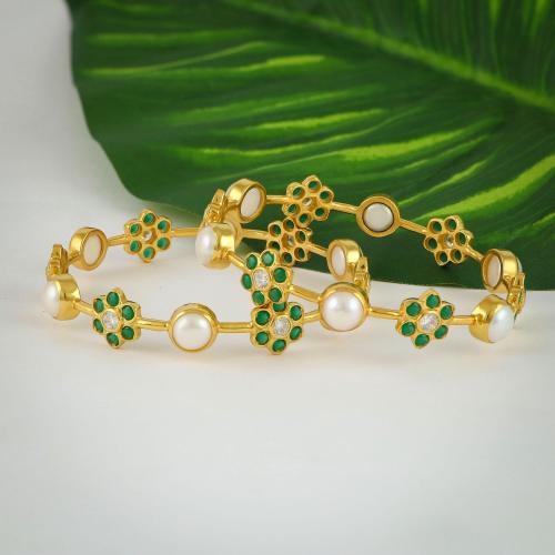 GOLD PLATED SILVER PEARL BANGLES WITH GREEN HYDRO AND WHITE CZ STONES
