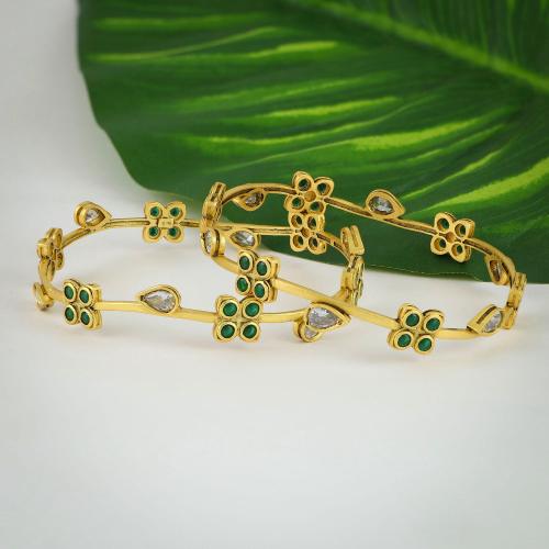 GOLD PLATED SILVER BANGLES WITH GREEN HYDRO AND WHITE CZ STONES