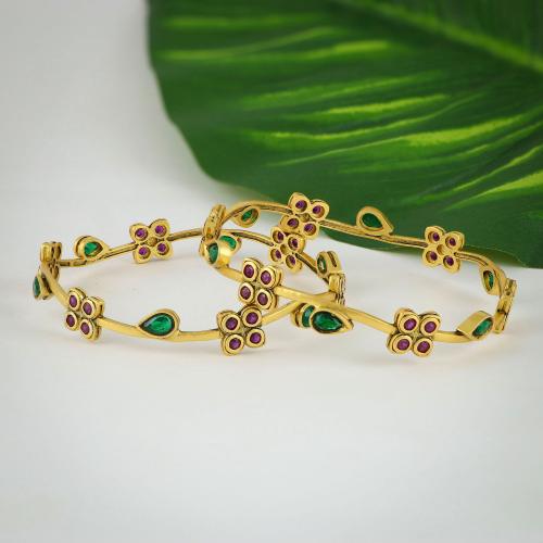 GOLD PLATED SILVER BANGLES WITH GREEN AND RED HYDRO STONES