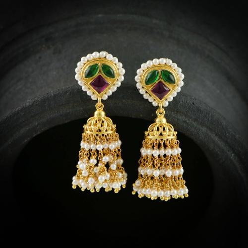 GOLD PLATED SILVER JHUMKA WITH PEARLS AND RED GREEN HYDRO STONES