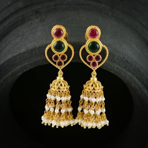 GOLD PLATED SILVER JHUMKA WITH PEARLS AND RED GREEN HYDRO STONES