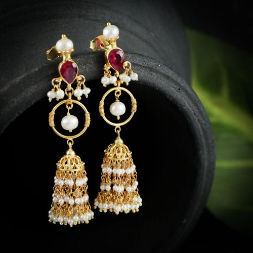 GOLD PLATED JHUMKA EARRINGS WITH RED PEARL CUT SHELL PEARL