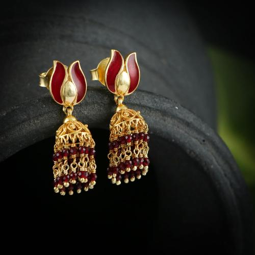 GOLD PLATED JHUMKA EARRINGS WITH RED HYDRO BEAD