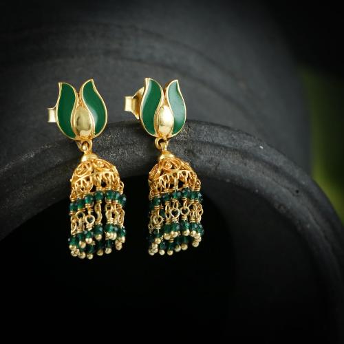 GOLD PLATED JHUMKA EARRINGS WITH GREEN HYDRO BEAD