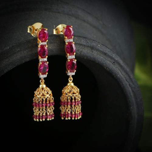 GOLD PLATED JHUMKA EARRINGS WITH RED CUT OVAL WHITE CZ PINK HYDRO