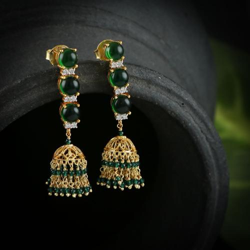 GOLD PLATED JHUMKA EARRINGS WITH GREEN CAB ROUND WHITE CZ GREEN HYDRO