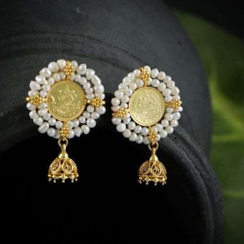 GOLD PLATED LAKSHMI COIN EARRINGS WITH PEARL