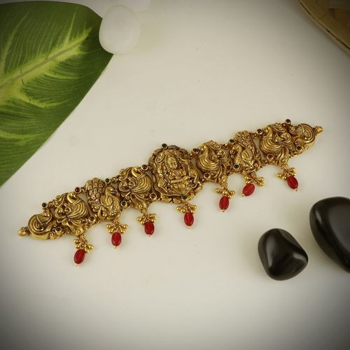 GOLD PLATED ANTIQUE PEACOCK WITH LAKSHMI NECKLACE STUDDED KEMP AND RUBY BEADS