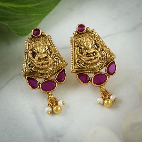 GOLD PLATED ANTIQUE LAKSHMI EARRINGS WITH RUBY AND PERALS