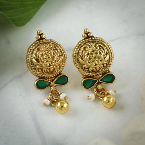 GOLD PLATED ANTIQUE LAKSHMI EARRINGS WITH EMERALD AND PERAL STONES