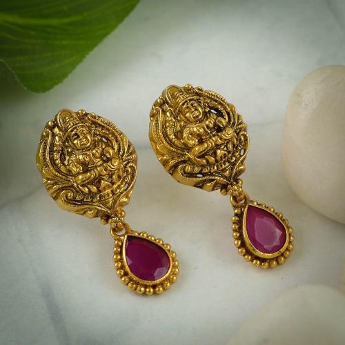 GOLD PLATED ANTIQUE LAKSHMI EARRINGS WITH RUBY STONES
