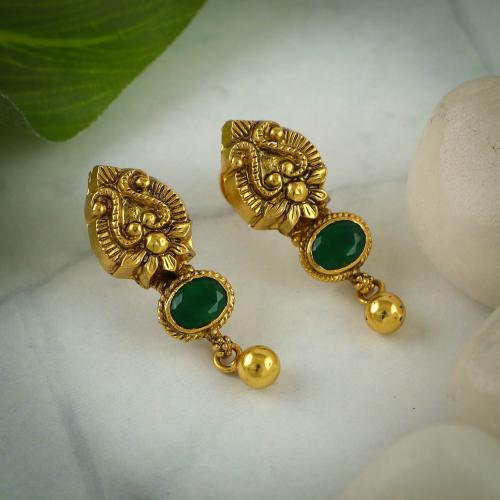 GOLD PLATED ANTIQUE LAKSHMI EARRINGS WITH EMERALD STONES