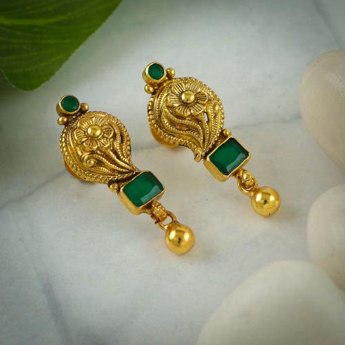 GOLD PLATED ANTIQUE FLORAL EARRINGS WITH EMERALD STONES