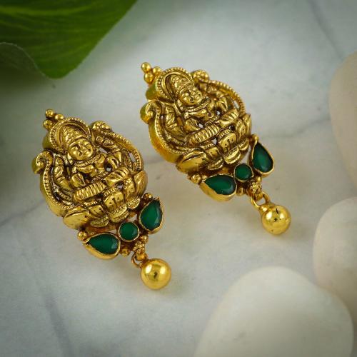 GOLD PLATED ANTIQUE LAKSHMI EARRINGS WITH EMERALD STONES