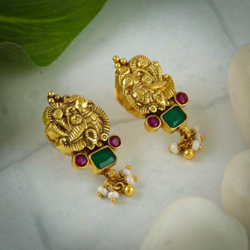 GOLD PLATED ANTIQUE PEACOCK EARRINGS WITH RUBY MERALD AND PEARLS