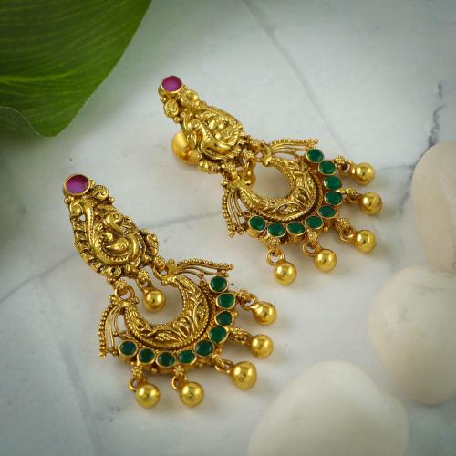 GOLD PLATED ANTIQUE FLORAL EARRINGS WITH EMERALD STONES