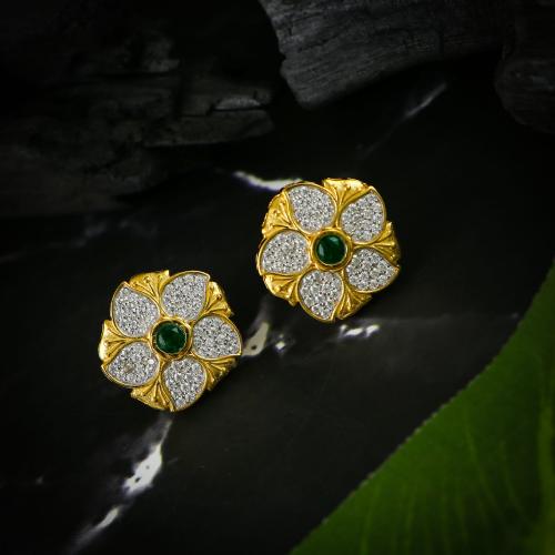 FLORA 92.5 GOLD PLATED SILVER EARRINGS WITH GREEN  HYDRO AND CZ STONES