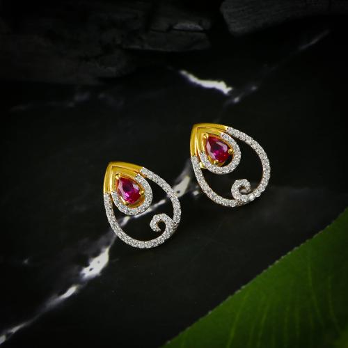 FUSHA  92.5 GOLD PLATED SILVER EARRING WITH RED AND WHITE CZ STONES