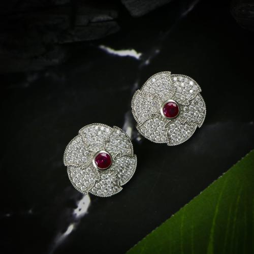 FLORA 92.5 SILVER EARRING WITH RED AND WHITE CZ STONES