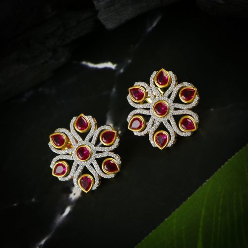 MUGGU 92.5 GOLD PLATED SILVER EARRINGS WITH RED AND WHITE CZ STONES